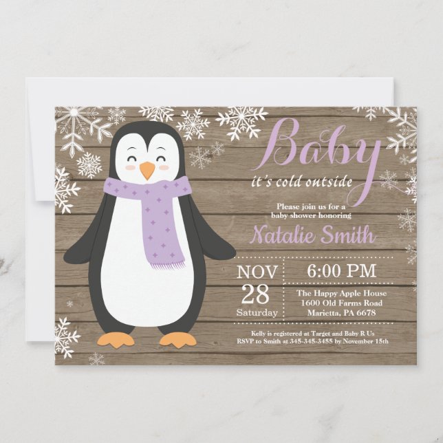 Baby Kallet utanför Rustic Penguin Baby Shower Inbjudningar (Framsida)