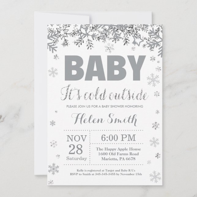 Baby Kallet utanför Silver och Grått Baby Shower Inbjudningar (Framsida)