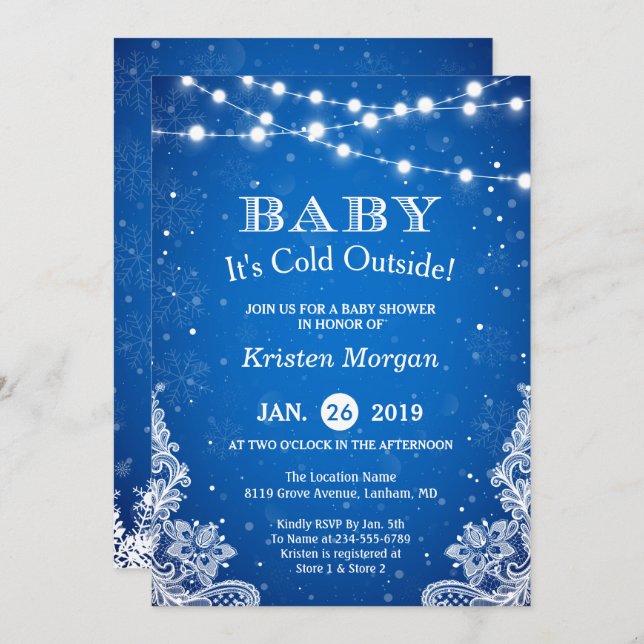 Baby Kallet utanför Snö Blue Winter Baby Shower Inbjudningar (Fram/baksida)