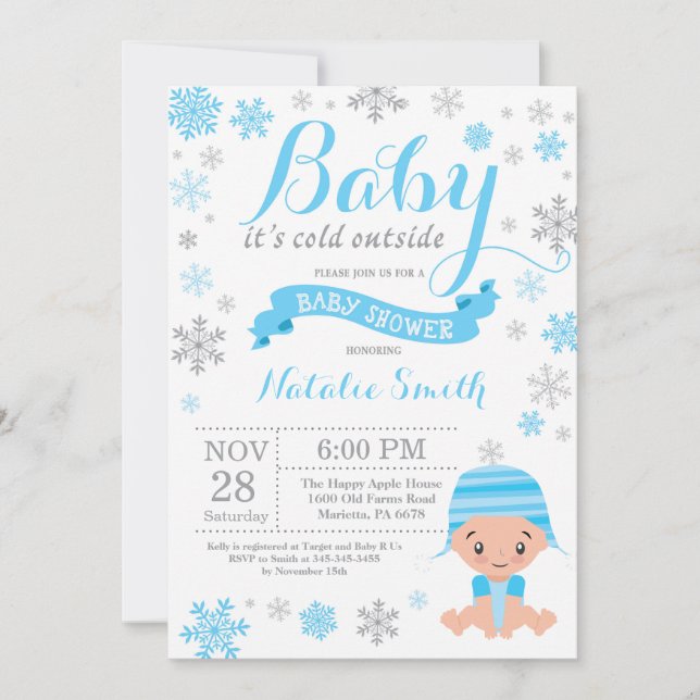 Baby Kallet utanför Winter Boy Shower Blue Inbjudningar (Framsida)