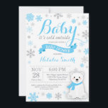 Baby Kallet utanför Winter Boy Shower Blue  Inbjudningar<br><div class="desc">Baby dess Kall utanför Winter Boy Shower-inbjudan. Bjud in pojkbabyskor. Winter Helgdag Baby Shower Inbjudan. Blå och Grått Snöflingor. Polar Bear and White Background. Om du vill göra ytterligare anpassningar klickar du på knappen "Anpassa" och användor verktyg som är utformat för att ändra mallen.</div>