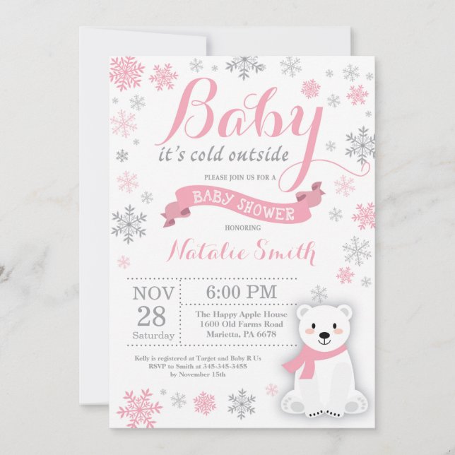 Baby Kallet utanför Winter Girl Baby Shower Rosa Inbjudningar (Framsida)