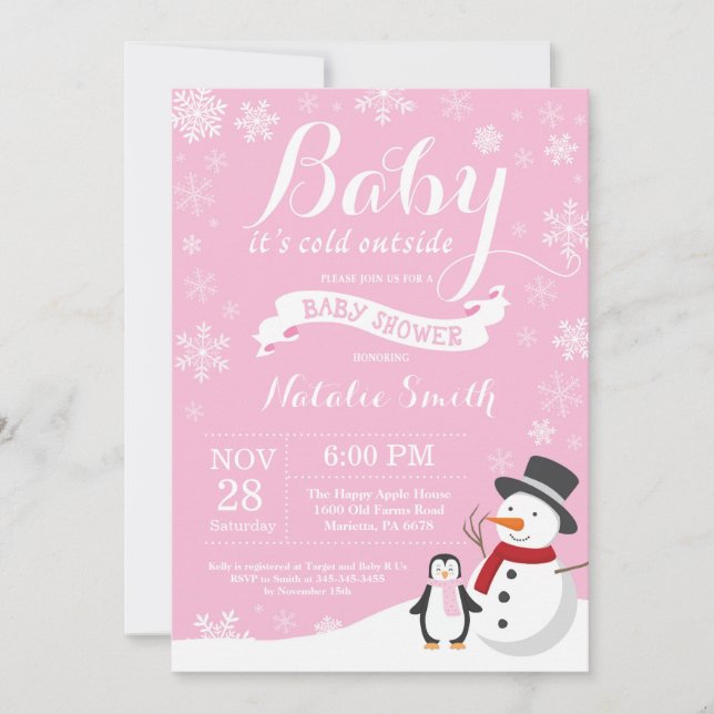 Baby Kallet utanför Winter Girl Baby Shower Rosa Inbjudningar (Framsida)
