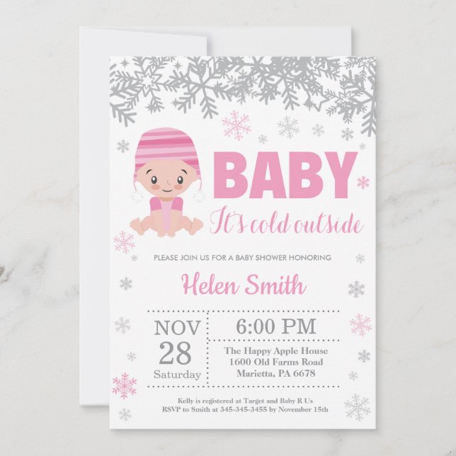 Baby Kallet utanför Winter Rosa Girl Baby Shower Inbjudningar (Framsida)
