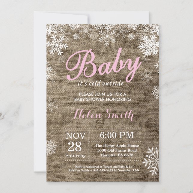Baby Kallet utanför Winter Rosa Girl Baby Shower Inbjudningar (Framsida)