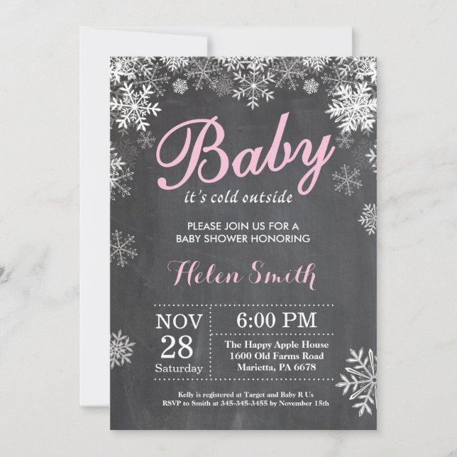 Baby Kallet utanför Winter Rosa Girl Baby Shower Inbjudningar (Framsida)
