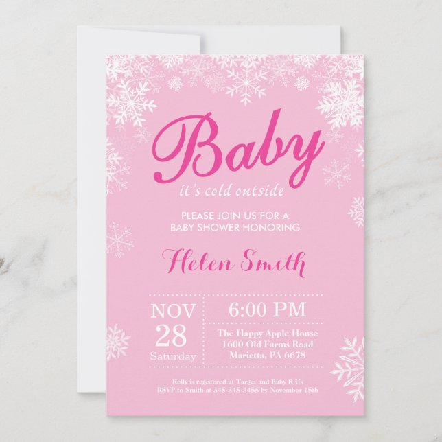 Baby Kallet utanför Winter Rosa Girl Baby Shower Inbjudningar (Framsida)