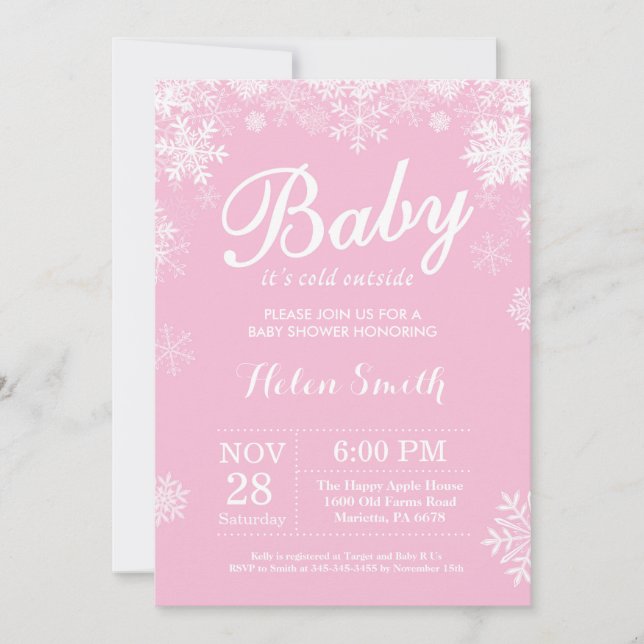 Baby Kallet utanför Winter Rosa Girl Baby Shower Inbjudningar (Framsida)