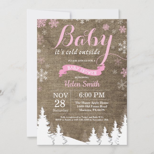 Baby Kallet utanför Winter Rosa Girl Baby Shower Inbjudningar (Framsida)
