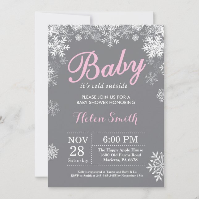 Baby Kallet utanför Winter Rosa Girl Baby Shower Inbjudningar (Framsida)