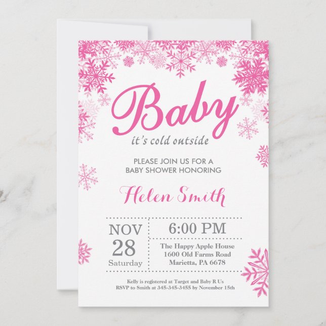 Baby Kallet utanför Winter Rosa Girl Baby Shower Inbjudningar (Framsida)