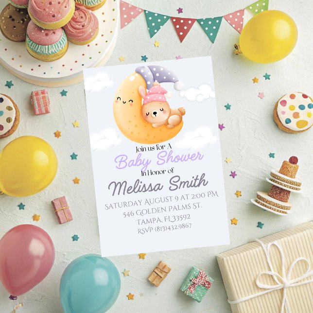 Baby-kanin och inbjudan till Måne-babyskor (Customize this adorable baby shower invitation with your own words and special day. )