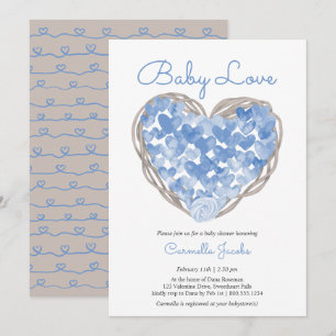 Baby Kärlek Blue Hearts Rustic Boy Shower Inbjudningar