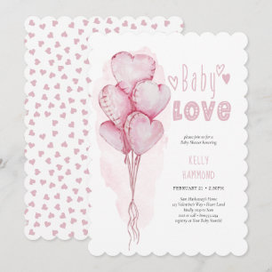 Baby Kärlek Rosa Heart Balloons Girl Baby Shower Inbjudningar