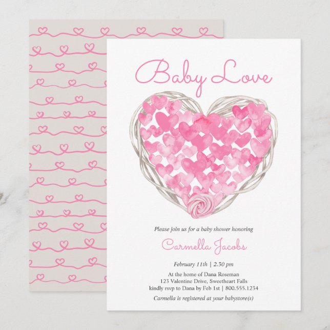 Baby Kärlek Rosa Hearts Rustic Girl Baby Shower Inbjudningar (Fram/baksida)