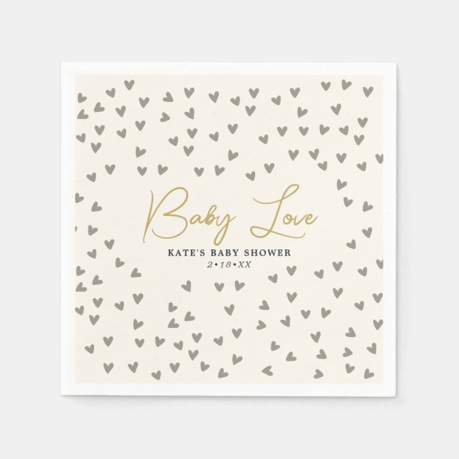 Baby Kärlek Taupe Hearts Gender Neutral Baby Showe Pappersservett (Framsidan)