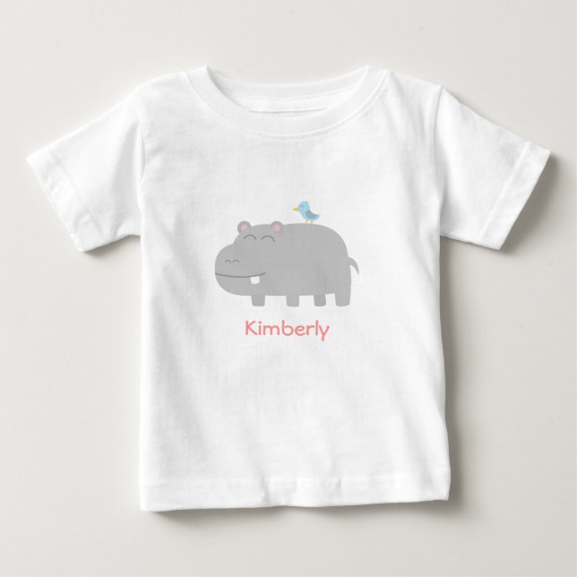 Baby & Kids: Söt Flodhäst med Blå Fågel Tecknad Fi T-shirt (Framsida)