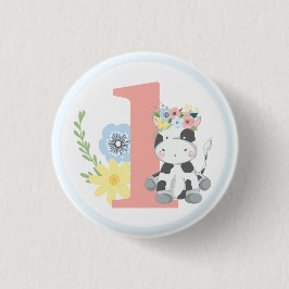 Baby Ko Floral Nummer Ett Födelsedagsfirande Knapp
