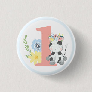 Baby Ko Floral Nummer Ett Födelsedagsfirande Knapp
