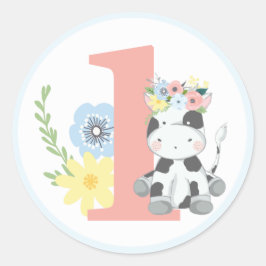 Baby Ko Floral Nummer Ett Födelsedagsfirande Runt Klistermärke