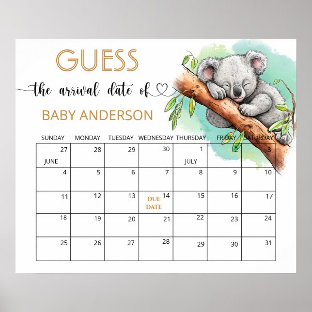 Baby Koala Baby Shower gissar förfallodatumkalende Poster (Framsidan)
