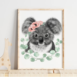 Baby Koala Blommigt Nursery Print   Koala Print Poster