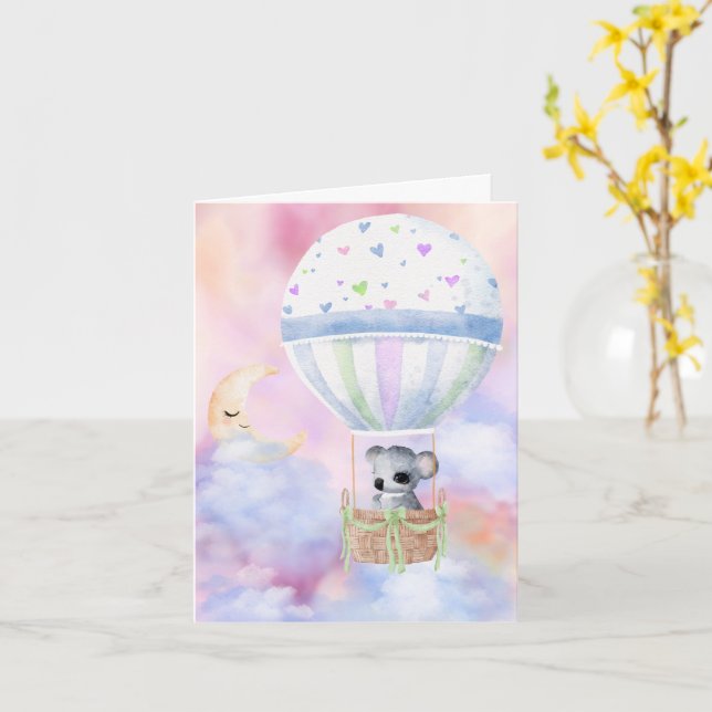Baby Koala i Luftballong Grattis Kort (Gul blomma)