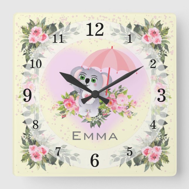 Baby Koala | Nursery Décor | Personlig av Gult Fyrkantig Klocka (Framsida)