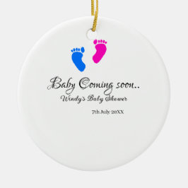 Baby kommer snart att duscha blått rosa baby fötte julgransprydnad keramik