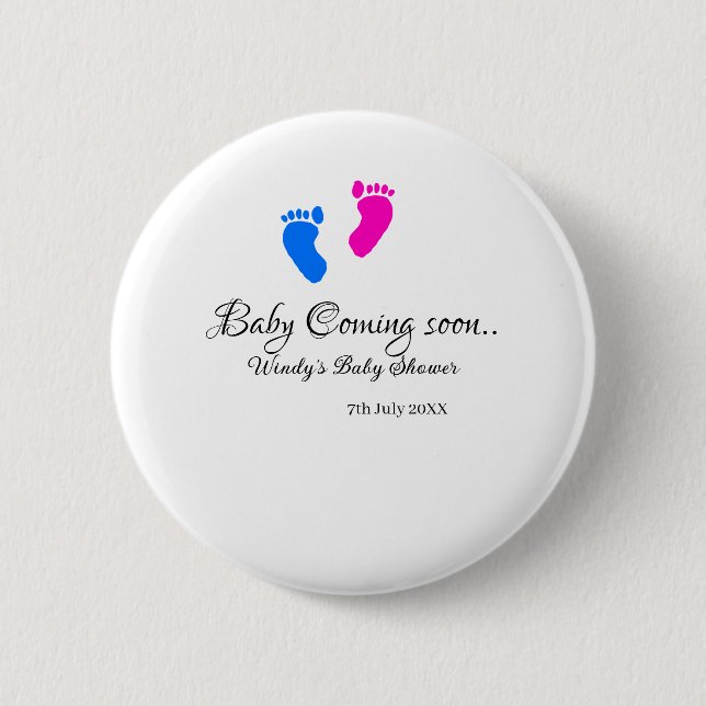 Baby kommer snart att duscha blått rosa baby fötte knapp (Framsida)