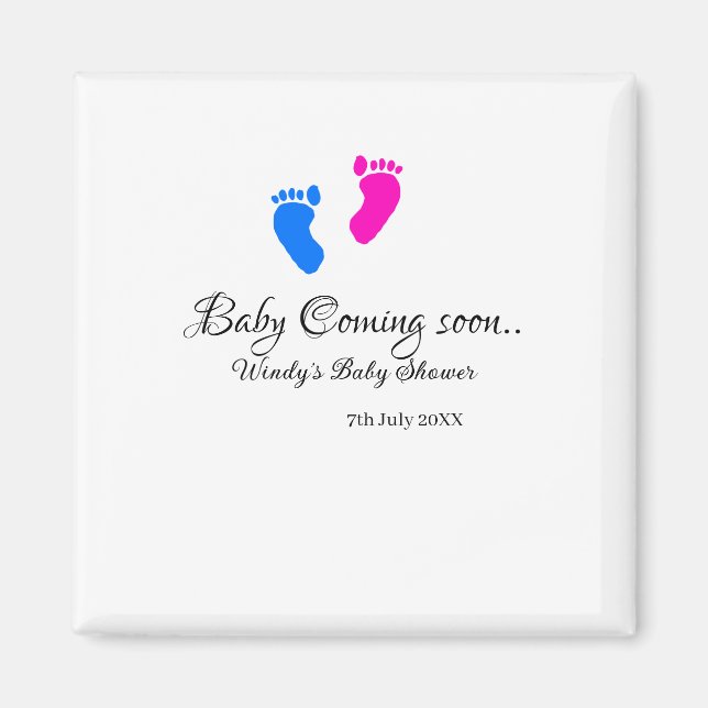 Baby kommer snart att duscha blått rosa baby fötte magnet (Framsidan)