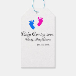Baby kommer snart att duscha blått rosa baby fötte presentetikett