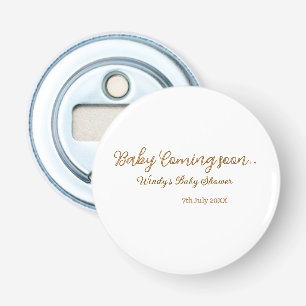 Baby kommer snart baby shower brun rosa namn trend flasköppnare