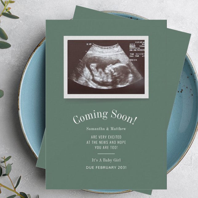 Baby kommer snart Ultraljudsmeddelande om Gravid a Anteckningskort (Pregnancy Announcement Sonogram Baby Scan Green Custom Photo Card)