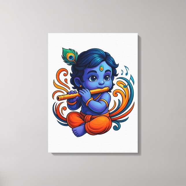 Baby Krishna med Flute - Peace Vibes | Stark 3D Canvastryck (Framsida)
