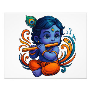 Baby Krishna med Flute - Peace Vibes Stark 3D Fototryck