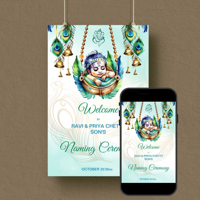 Baby Krishna Naming Cradle Ceremony välkommen Poster (Baby Krishna Naming Cradle Namkaran Hindu Ceremony welcome sign Poster editable template download)