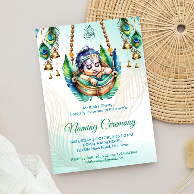 Baby Krishna Namngivning Namkaran Vagga Ceremoni Inbjudningar (Baby Krishna naming ceremony namkarana cradle ceremony editable template invitation digital download)