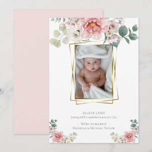 Baby   Lägg till bild Baby Rosa Peonies Guld Ram Inbjudningar