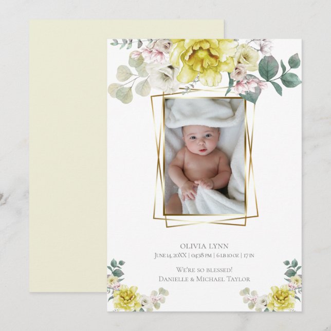 Baby | Lägg till bild Gult Peonies Guld Ram Inbjudningar (Fram/baksida)
