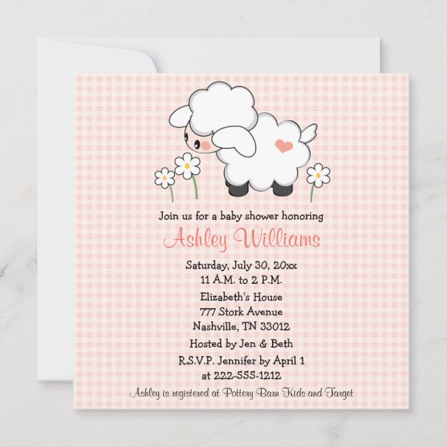 Baby Lamb Baby Shower-inbjudningar Rosa Gingham Inbjudningar (Framsida)