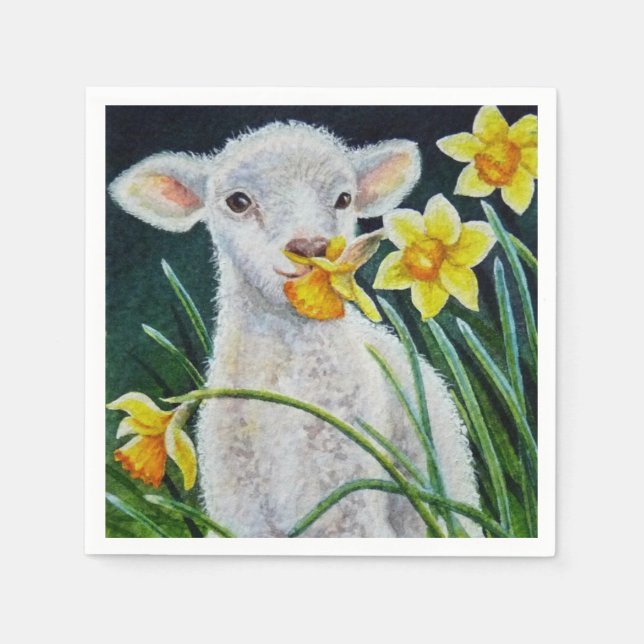 Baby Lamb och Vår Daffodils Watercolor Art Pappersservett (Framsidan)