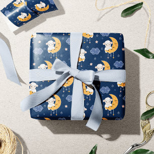 Baby Lamb on Moon Gender Neutral Blue Pattern Presentpapper