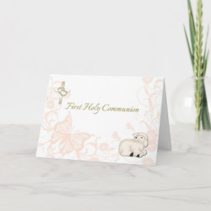 Baby Lamb Peach First Committon Greeting Card Kort