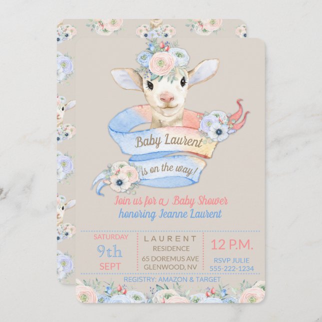 Baby Lamb Rosa Blue Gender Neutral Reveal Inbjudningar (Fram/baksida)
