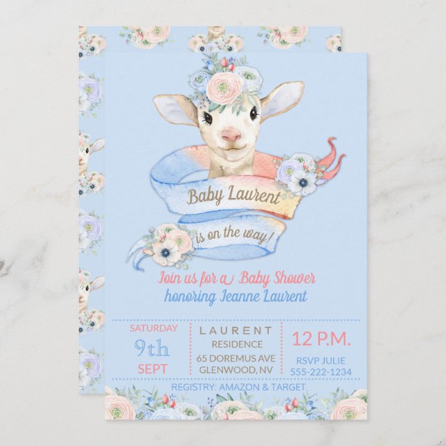 Baby Lamb Rosa Blue Gender Neutral Reveal Inbjudningar (Fram/baksida)