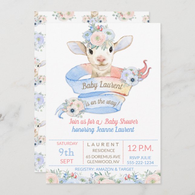 Baby Lamb Rosa Blue Gender Neutral Reveal Inbjudningar (Fram/baksida)