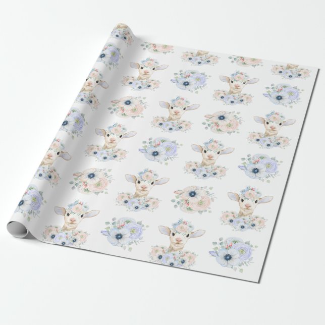 Baby Lamb Rosa Blue Gender Neutral Reveal Presentpapper (Utrullad)