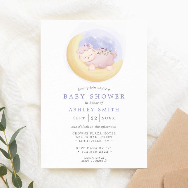 Baby Lamm På Månen Vattenfärg Baby Shower Inbjudningar (Skapare uppladdad)