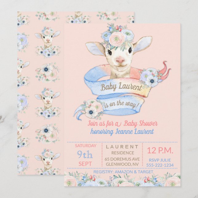 Baby Lamm Pink Blå Dusch Barnkammare Bondgård Inbjudningar (Fram/baksida)